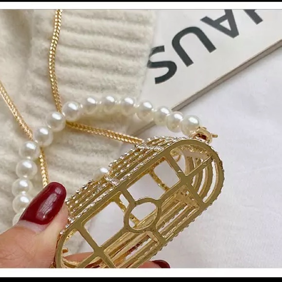 Rhinestone and pearl Metal cage airpod case micro mini purse - Picture 9 of 13